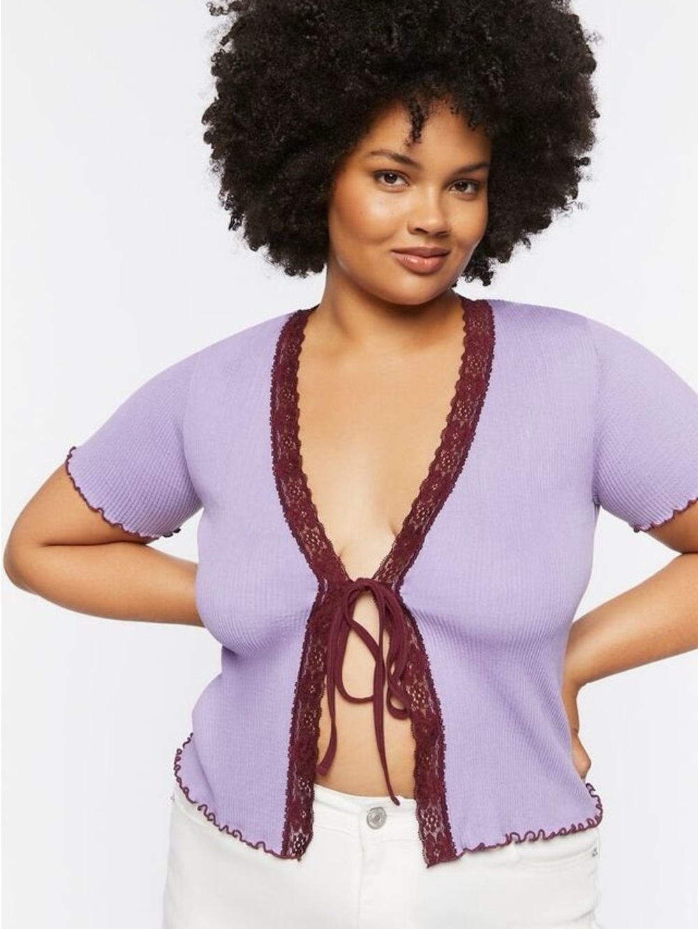 Forever 21 Lavender Lace-Trim Tie-Front Top